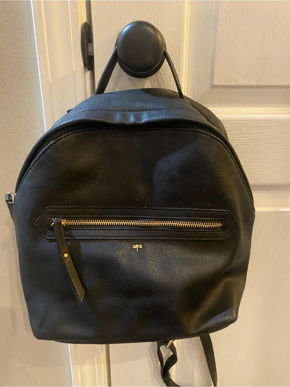 Kate Landry Black Mini Leather Backpack with Gold Zip